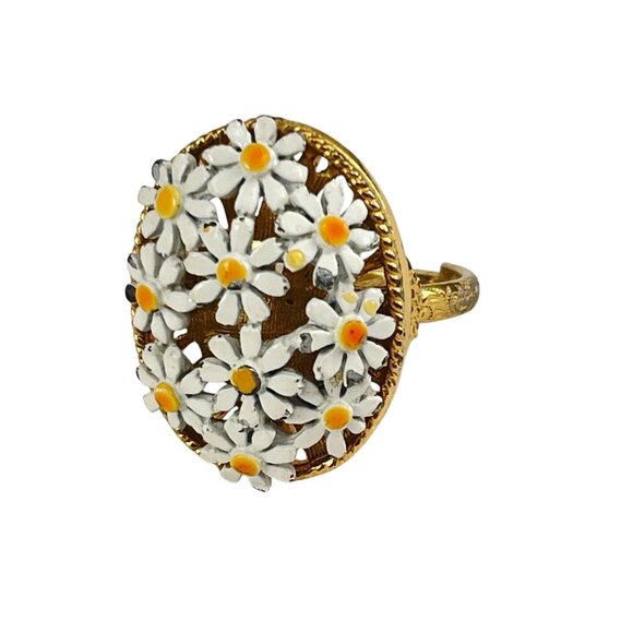 Vintage Daisy Flower Adjustable Ring Enamel Gold Tone Filigree Oval Statement - Picture 8 of 10
